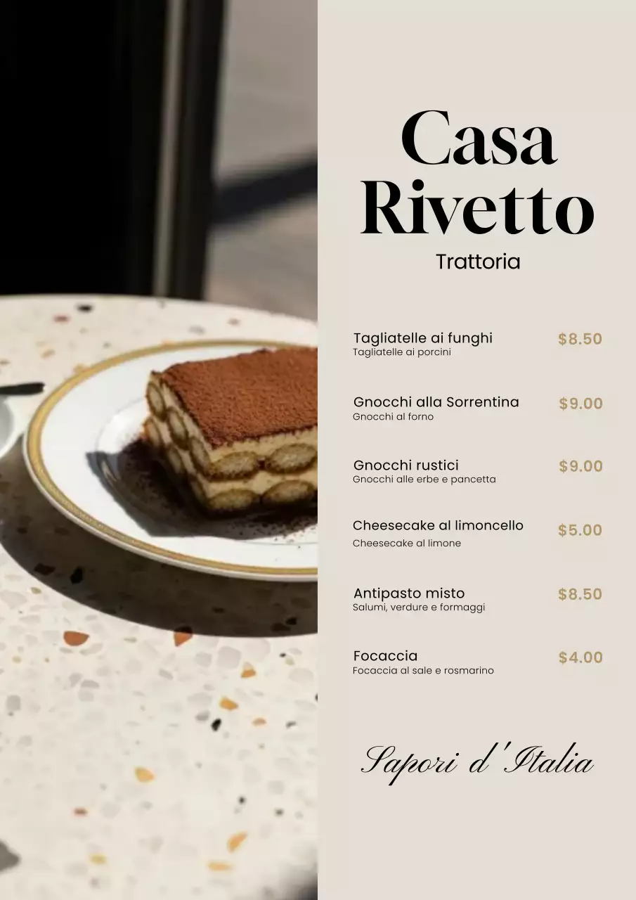 Poster elegante del menu italiano beige