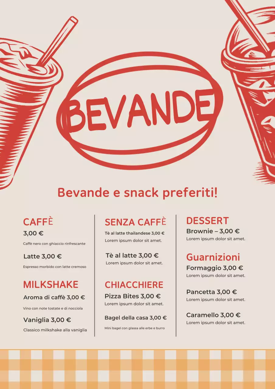 Poster del menu delle bevande retrò rosse
