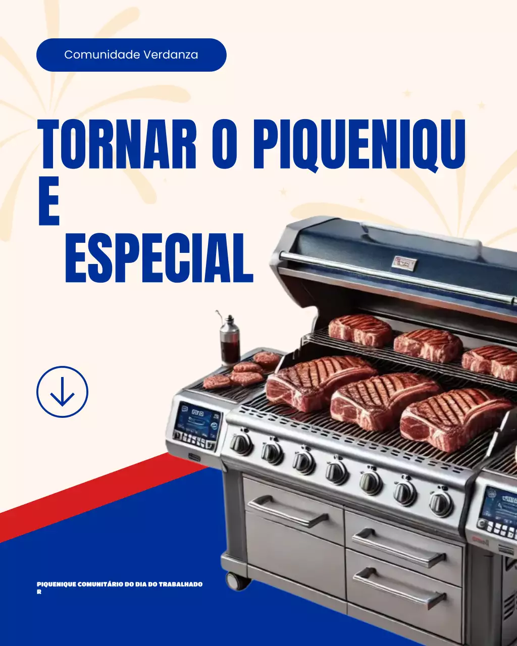 Postagem em carrossel do Instagram sobre piquenique comunitário do Dia do Trabalho em negrito, azul e vermelho