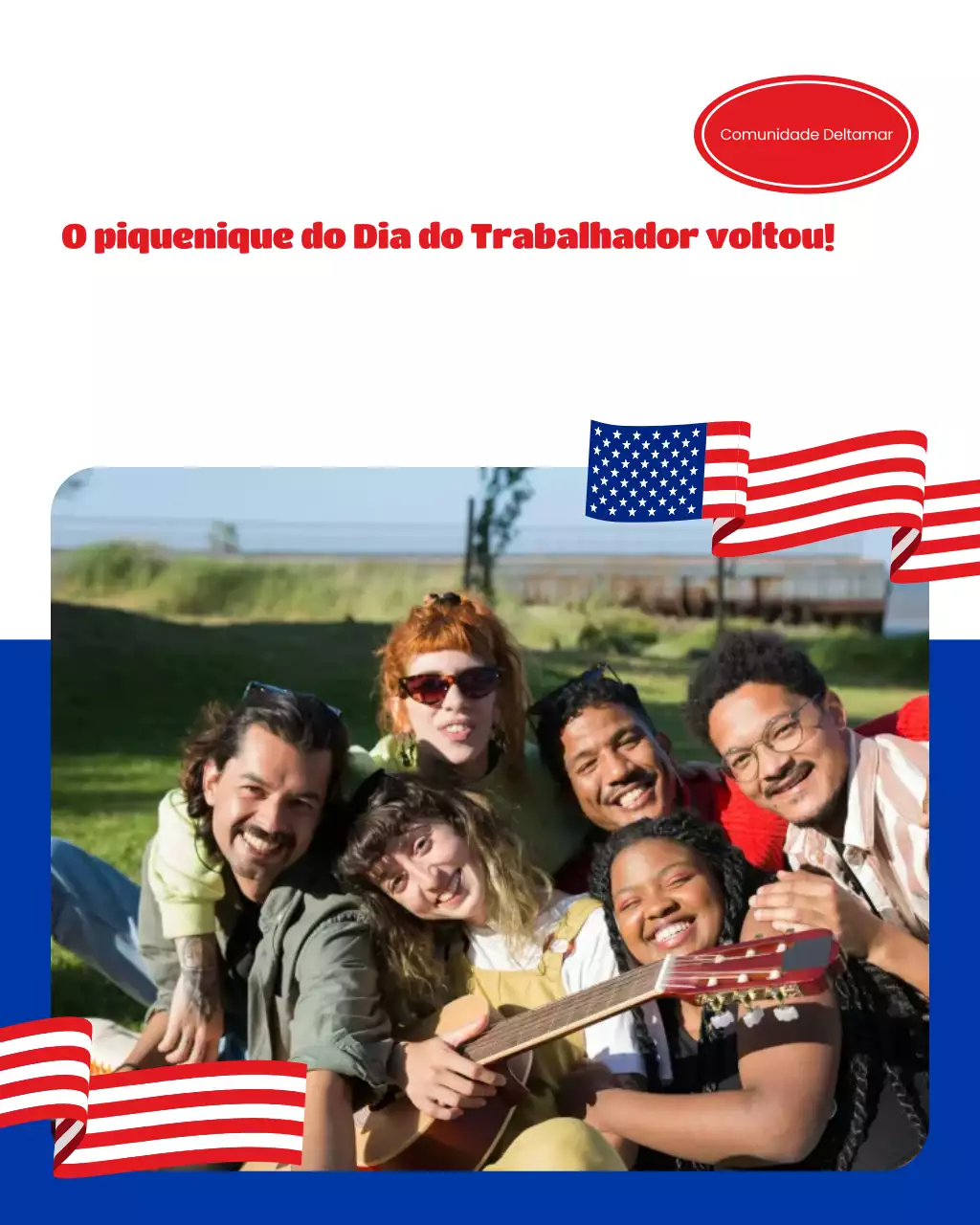 Postagem em carrossel do Instagram para piquenique comunitário moderno e ousado no Dia do Trabalho em vermelho e azul