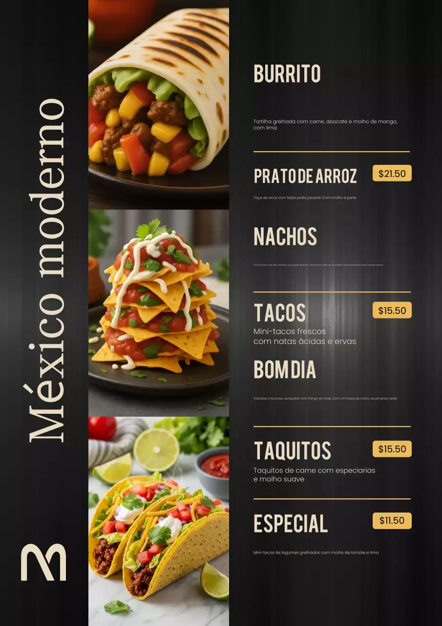 Pôster de design de cardápio mexicano moderno preto