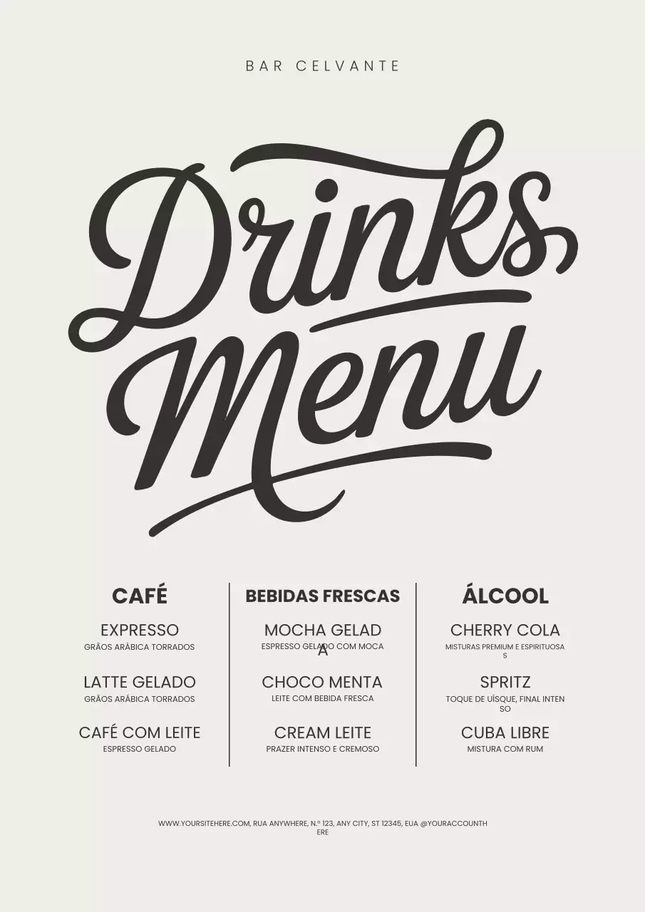 Cartaz de menu de bebidas elegantes em preto