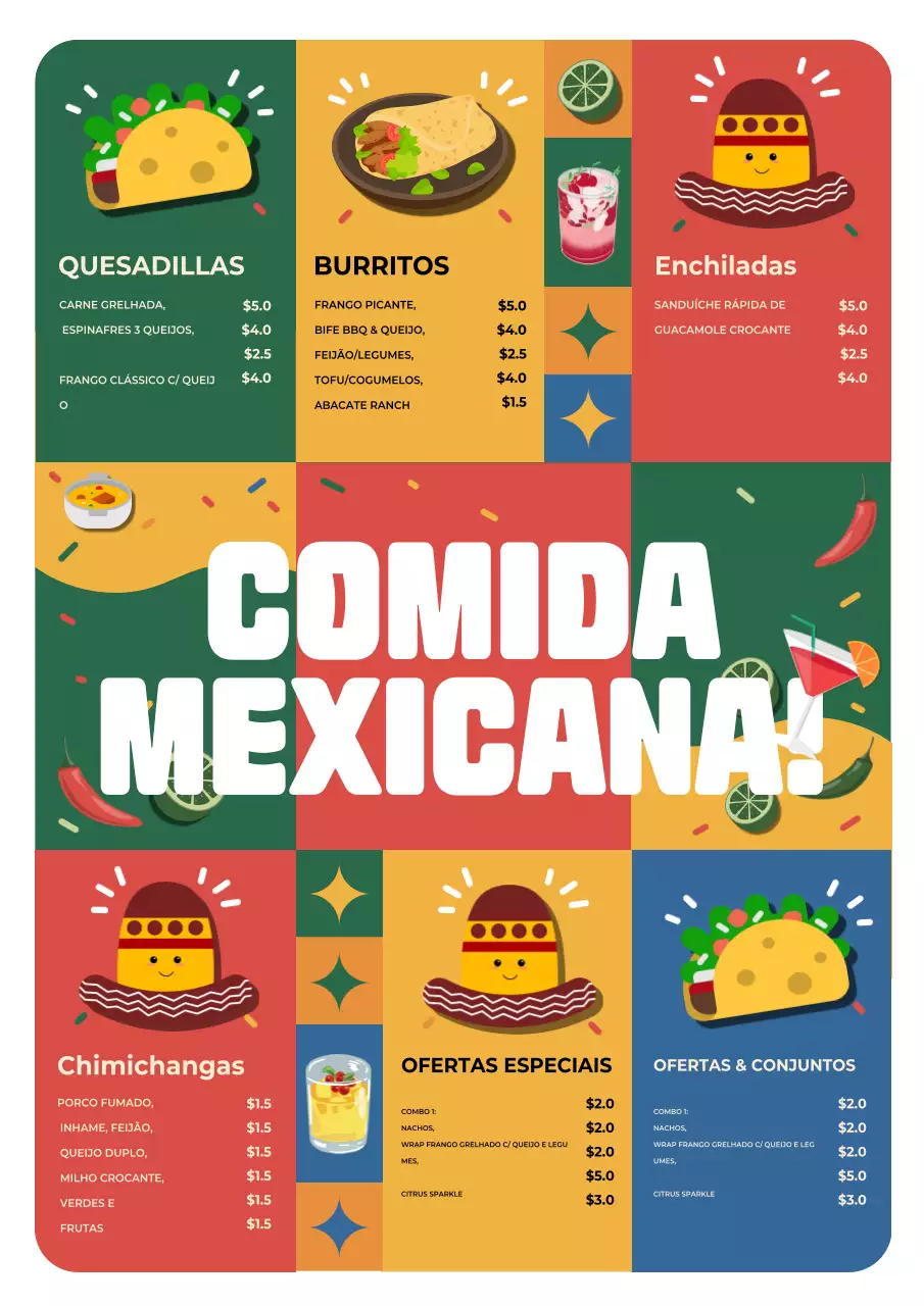 Cartaz de propaganda de cardápio mexicano retrô colorido