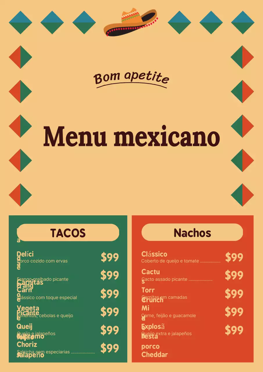 Pôster com design de cardápio tradicional mexicano bege