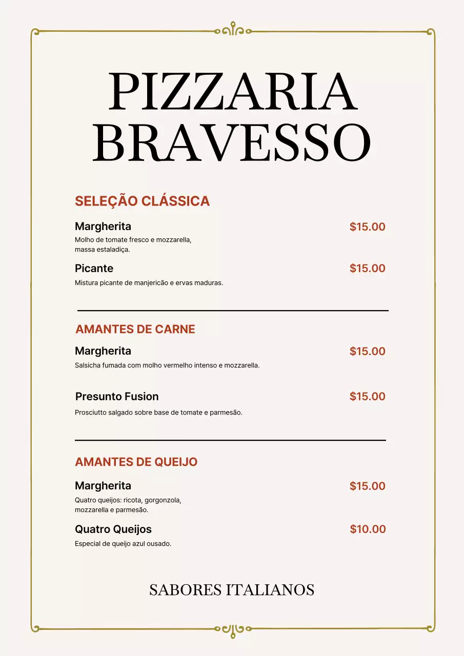 Pôster de cardápio de pizza clássico bege