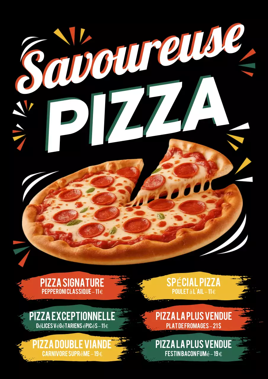 Affiche promotionnelle de pizza rétro noire