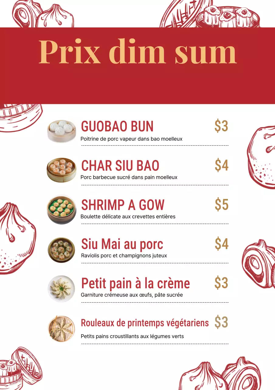 Affiche du menu traditionnel rouge des dim sum