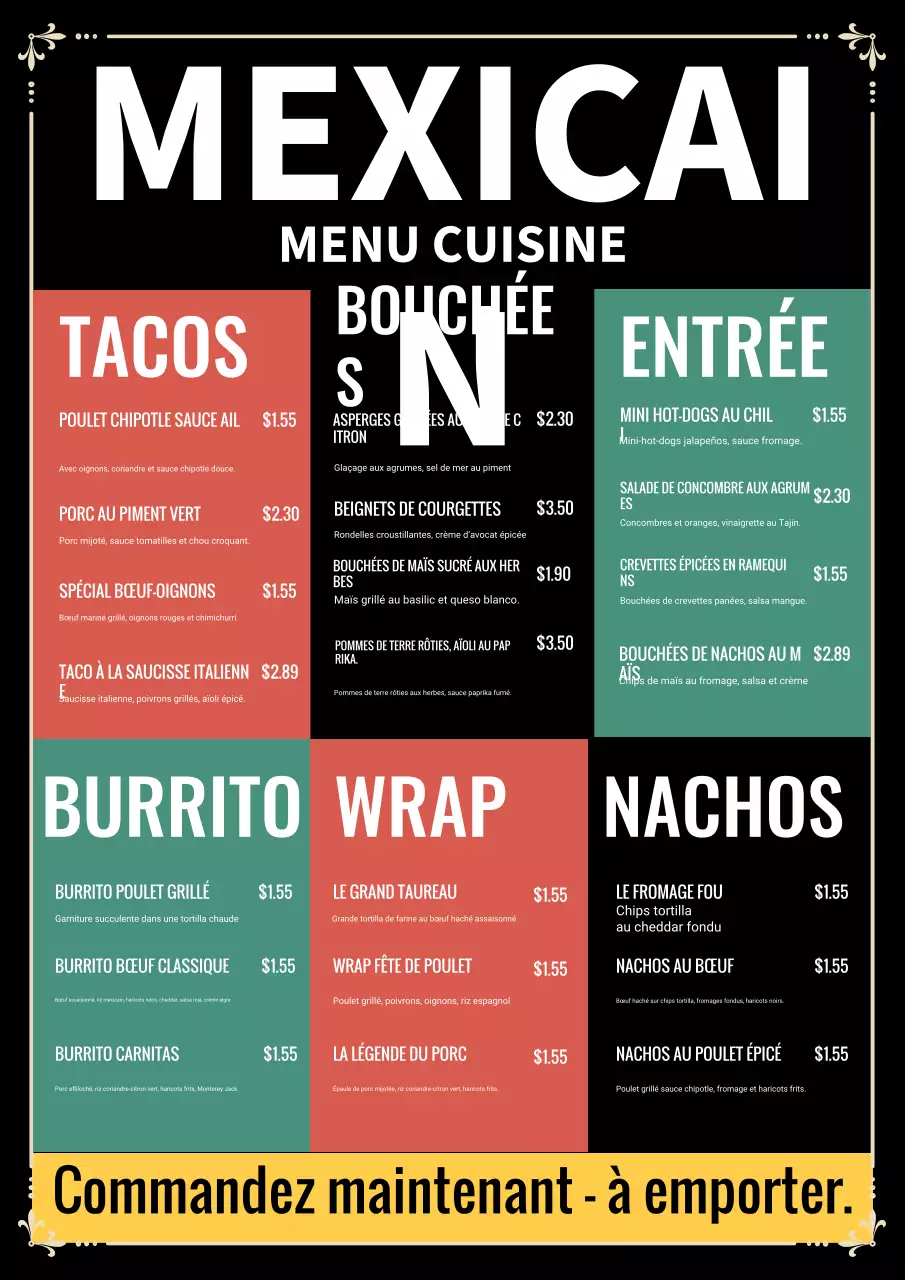 Affiche publicitaire vintage rouge pour un menu mexicain