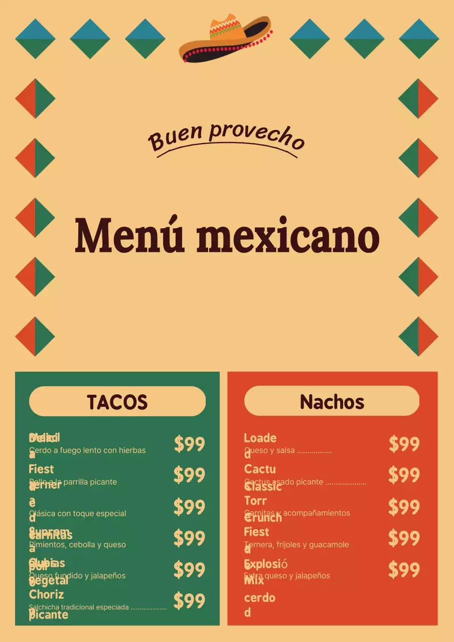 Póster de diseño de menú mexicano tradicional en beige