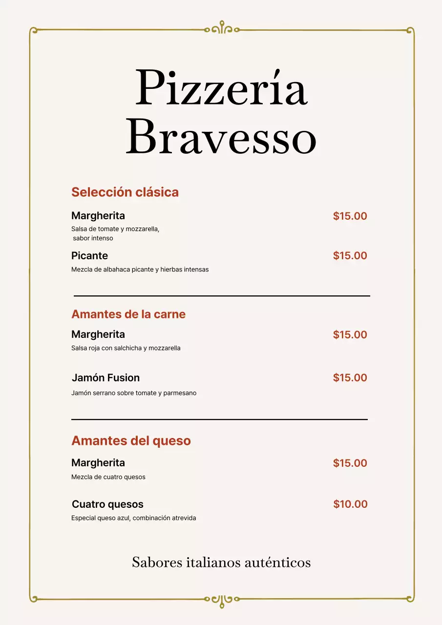 Póster del menú de pizza clásica beige