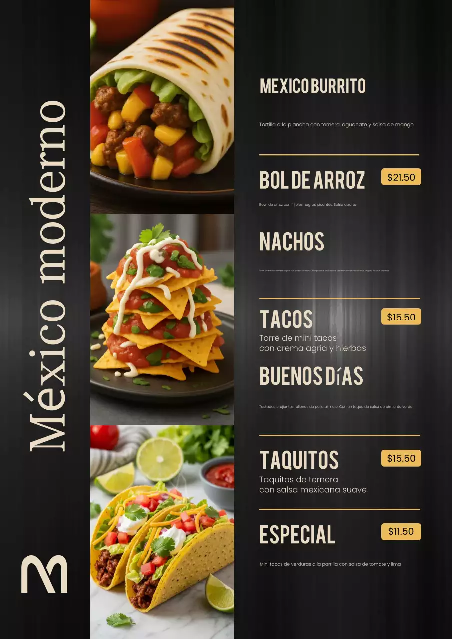 Póster de diseño de menú mexicano moderno en negro