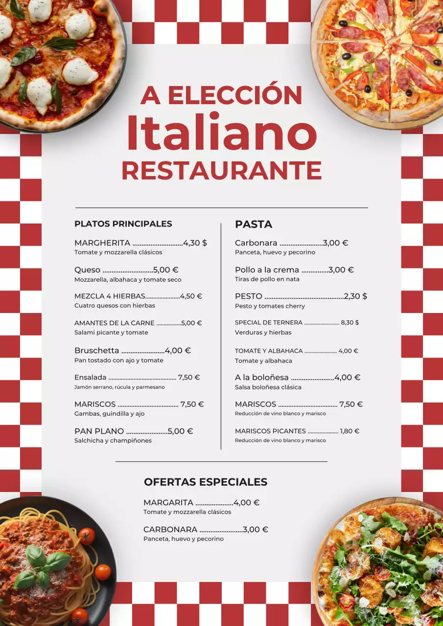 Póster del menú clásico italiano rojo