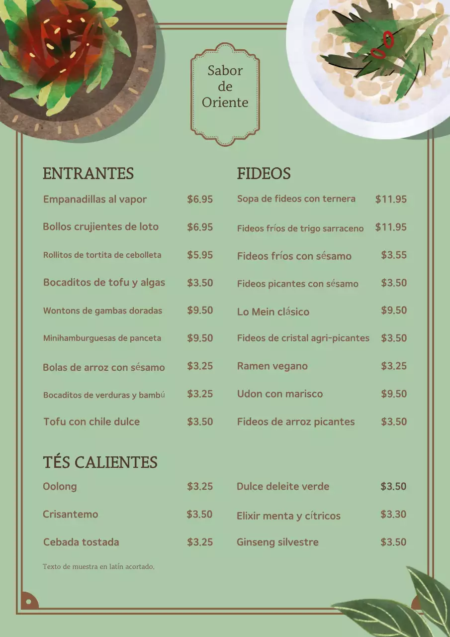 Póster elegante de menú de restaurante verde