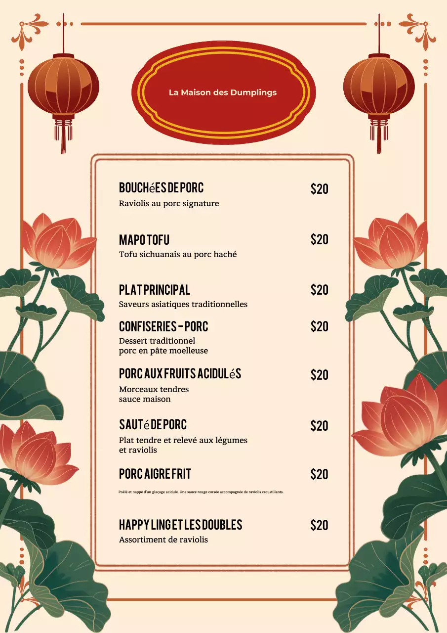 Affiche de menu de raviolis traditionnels beiges