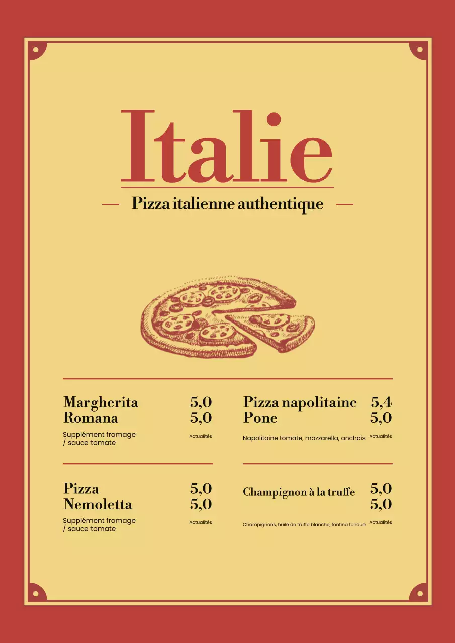 Affiche du menu de la pizza classique rouge