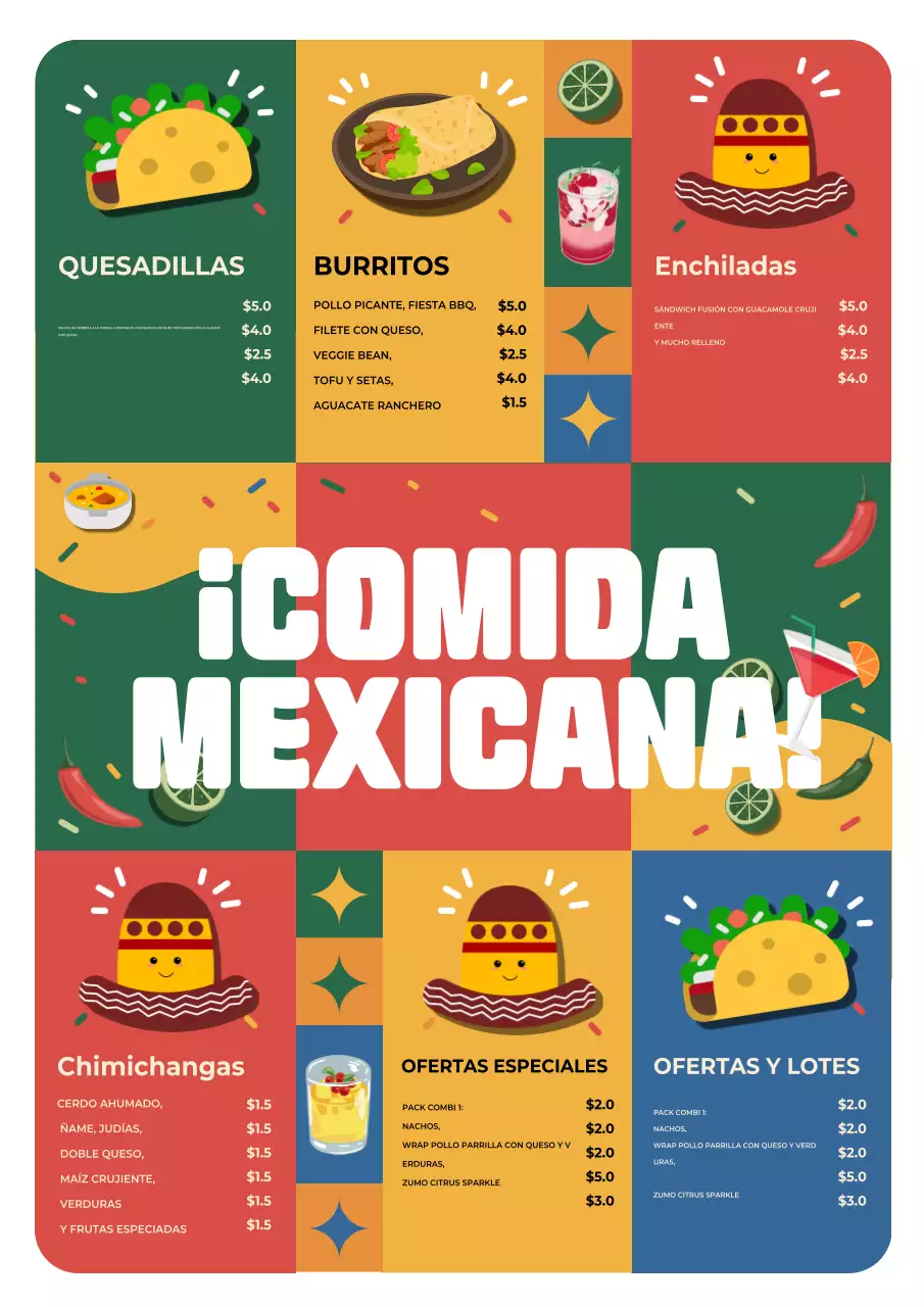 Cartel publicitario de menú mexicano retro colorido