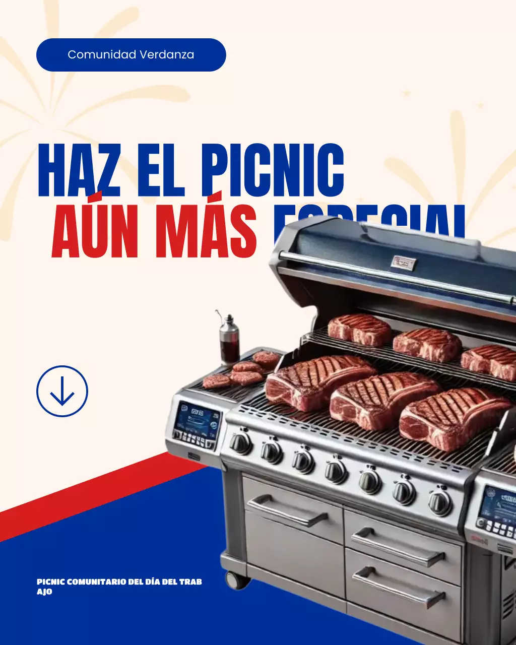 Publicación de Instagram del carrusel del picnic comunitario del Día del Trabajo en azul y rojo