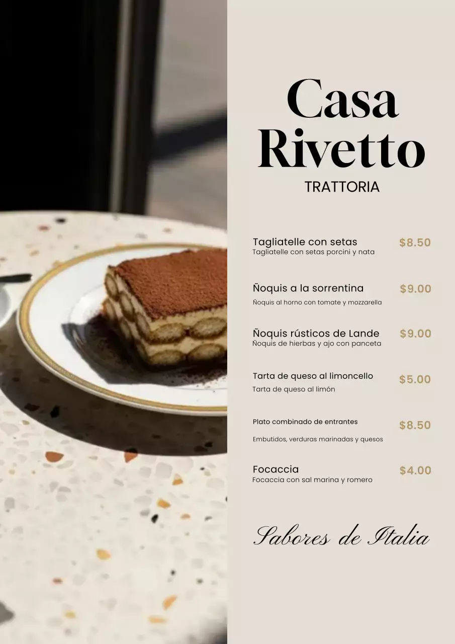 Póster elegante de menú italiano en beige