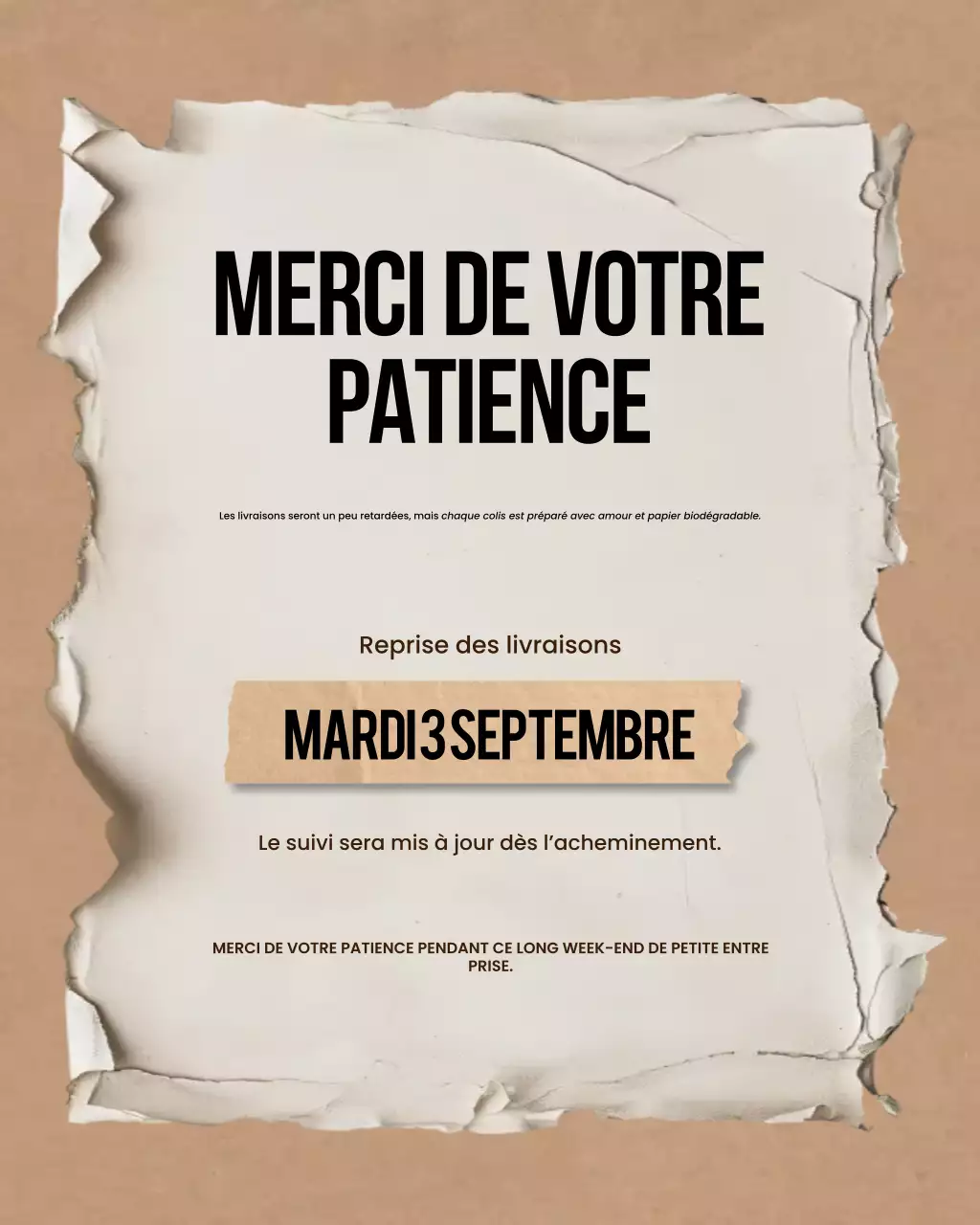 Publication Instagram d'annonce d'expédition beige rustique