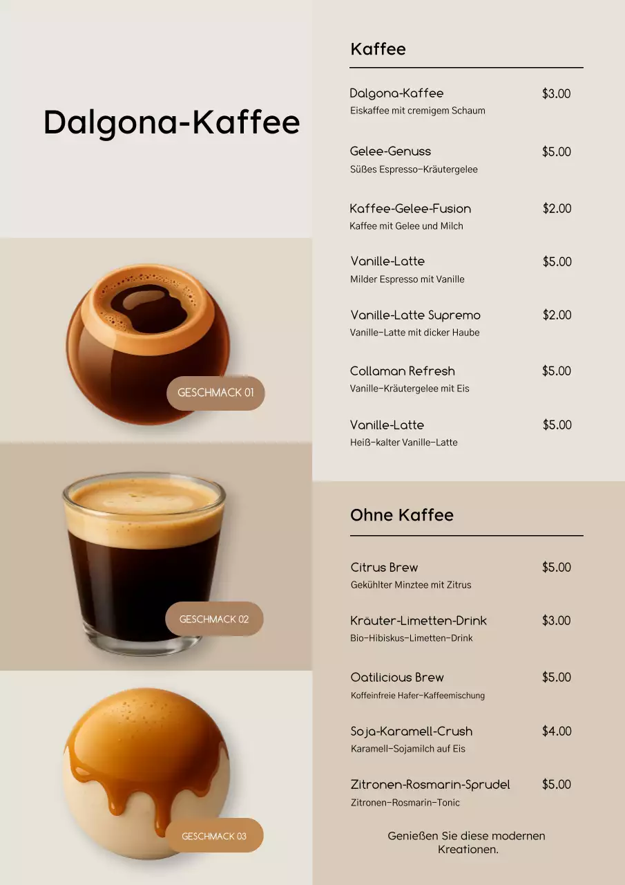 Beiges modernes Kaffeemenü-Poster