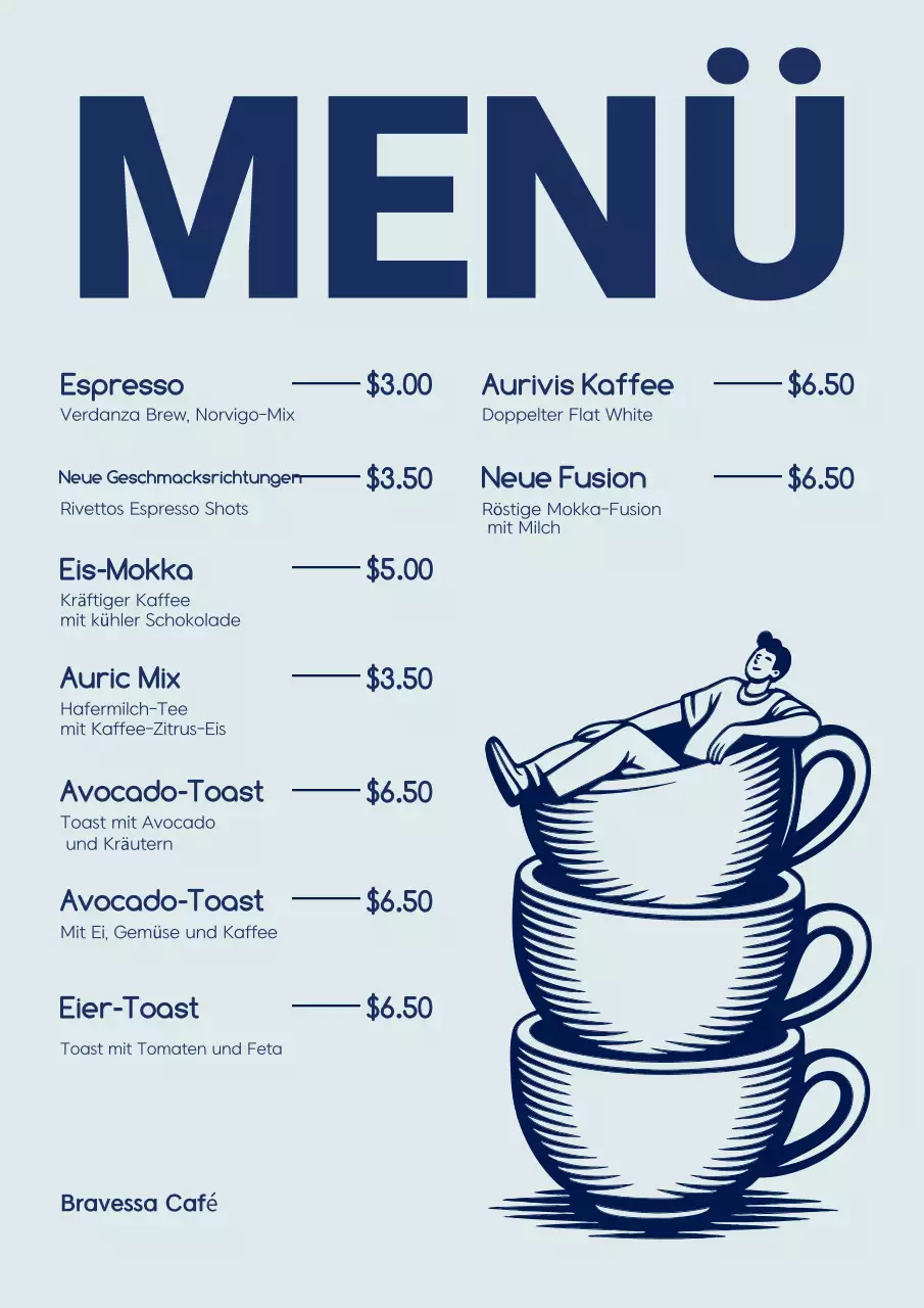 Blaues modernes Café-Menü-Poster