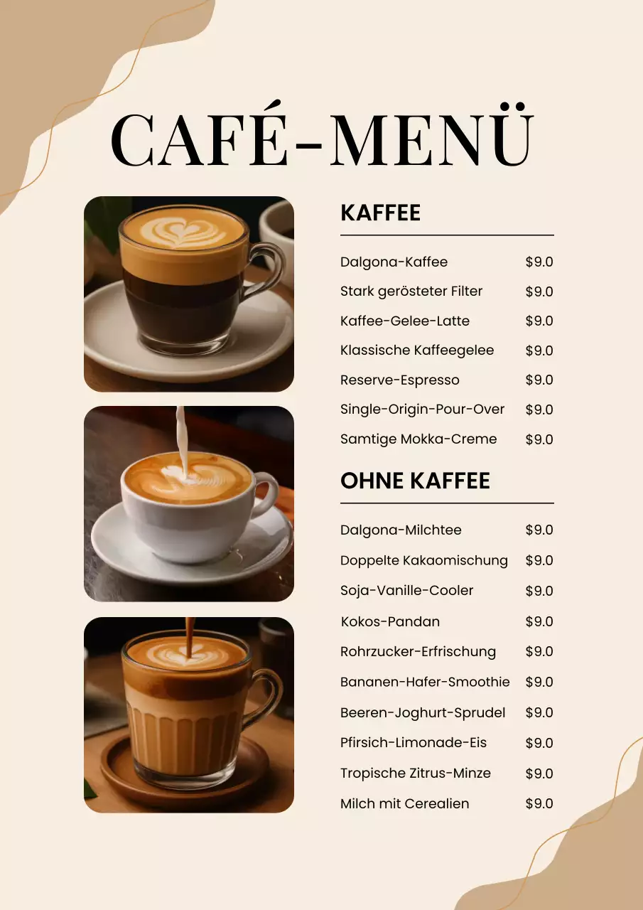 Beiges modernes Kaffeemenü-Poster
