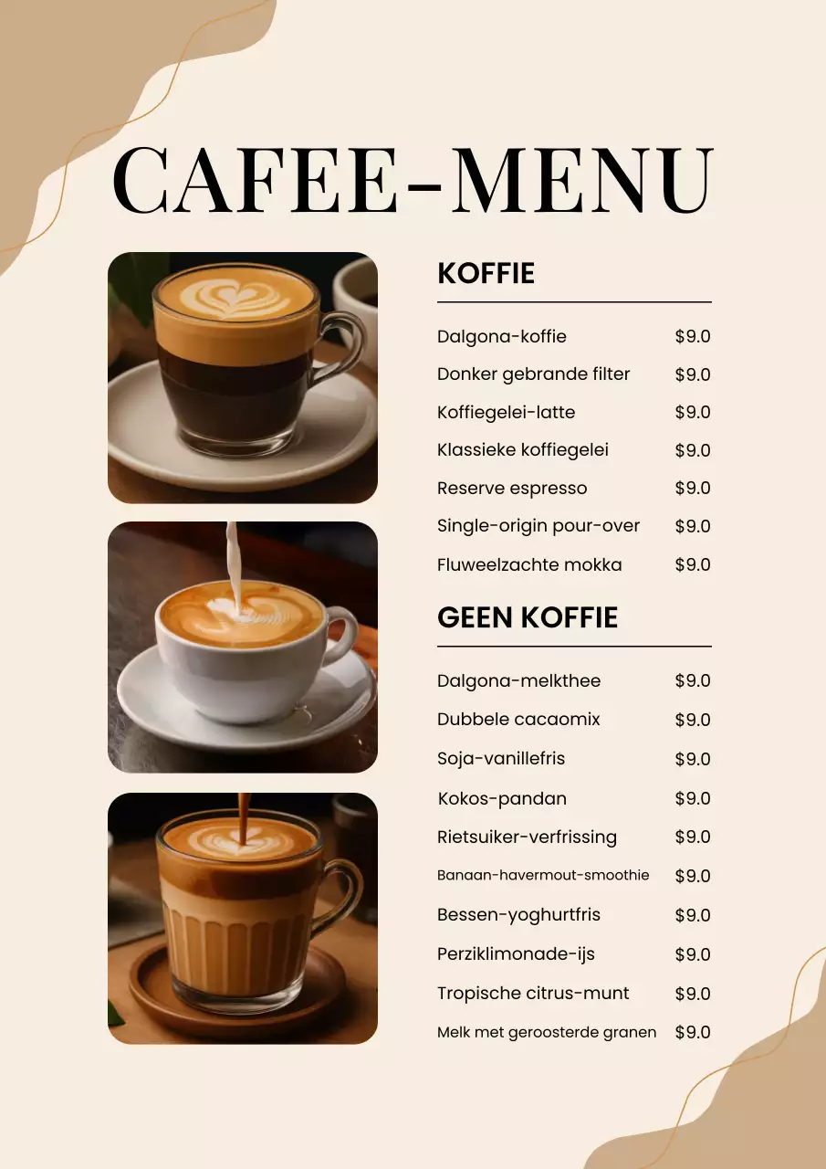 Beige moderne koffiemenuposter