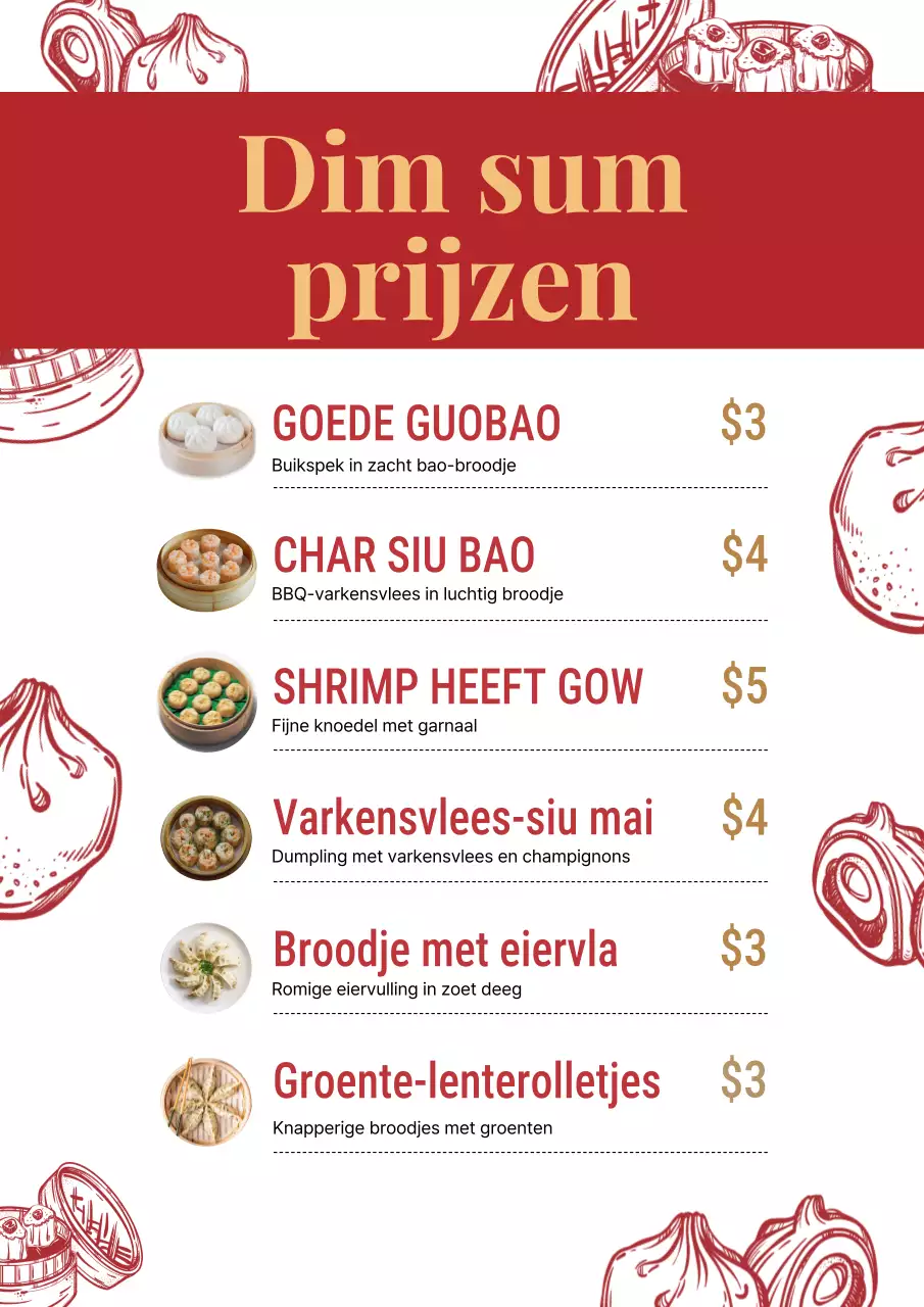Rode traditionele dim sum menuposter