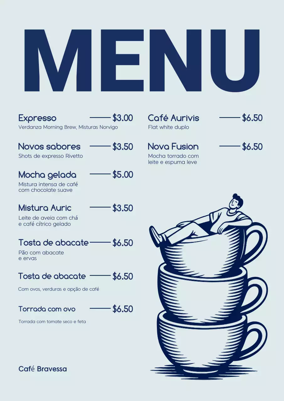 Cartaz do cardápio do Blue Modern Cafe