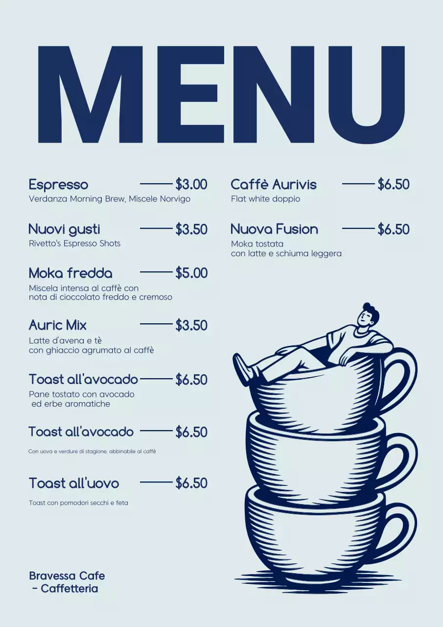 Poster del menu del caffè moderno blu