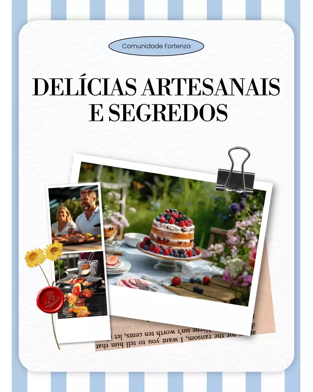 Polaroid de álbum de recortes azul e branco, comida do Dia do Trabalho, atividades locais, postagem em carrossel do Instagram