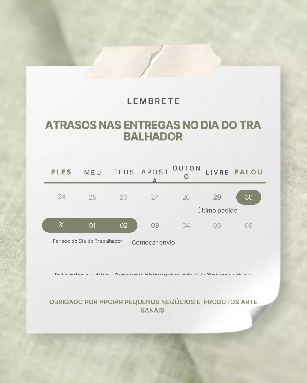 Aviso de envio minimalista da Sage no Instagram