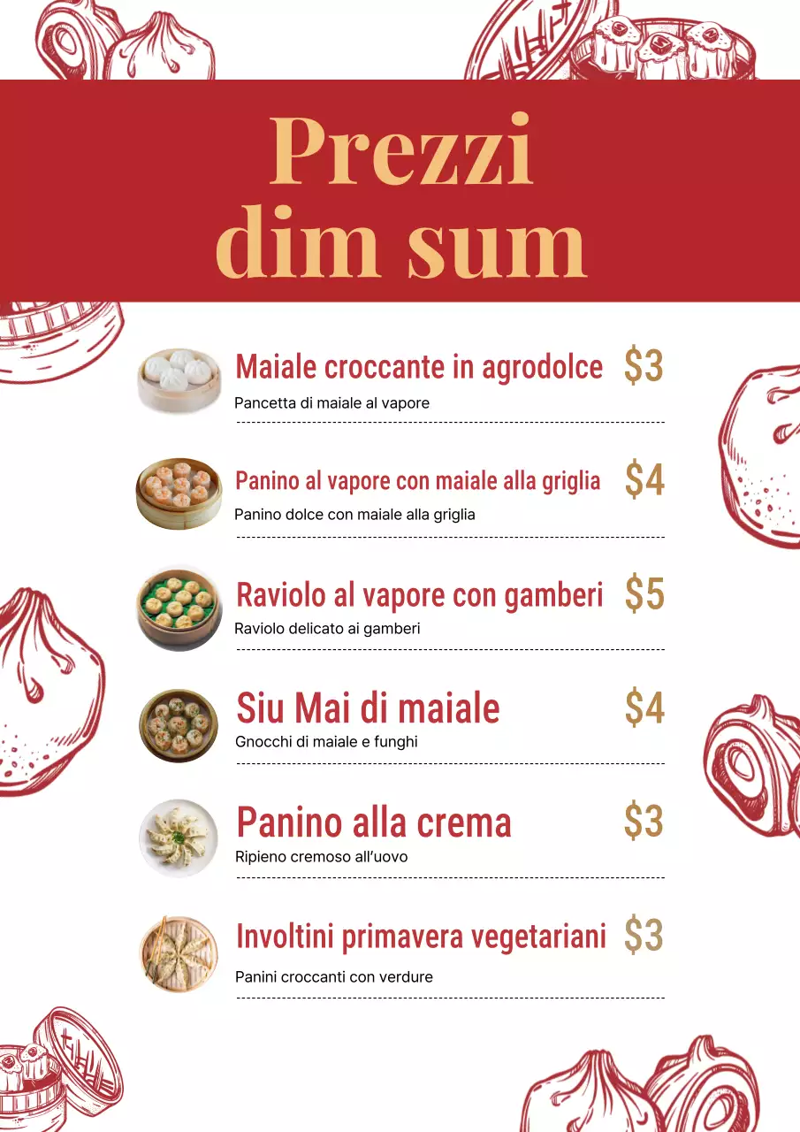 Poster del menu tradizionale Dim Sum rosso