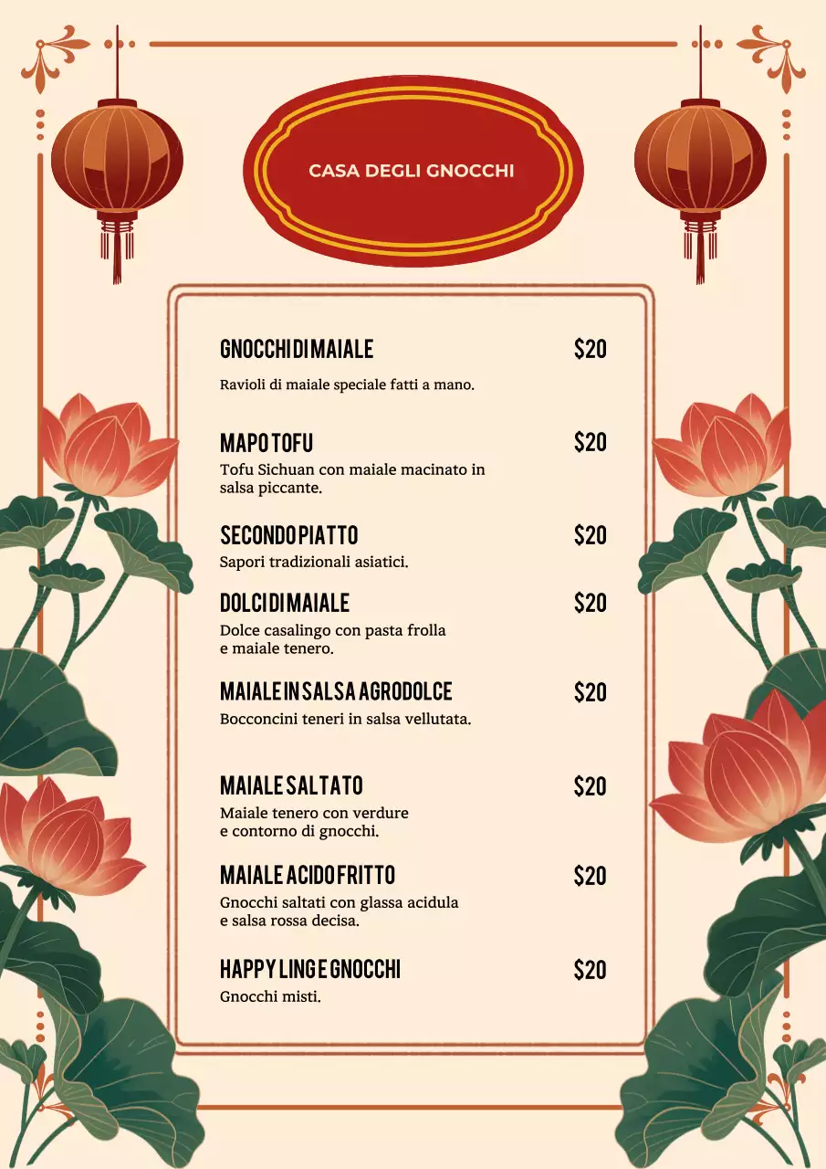 Poster del menu dei tradizionali gnocchi beige