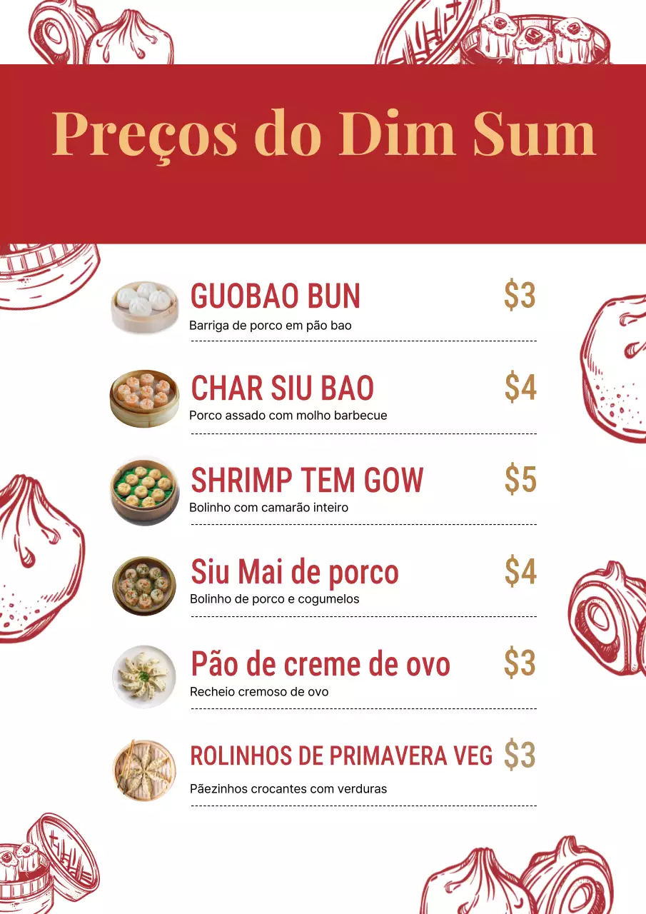 Cartaz do menu de Dim Sum tradicional vermelho
