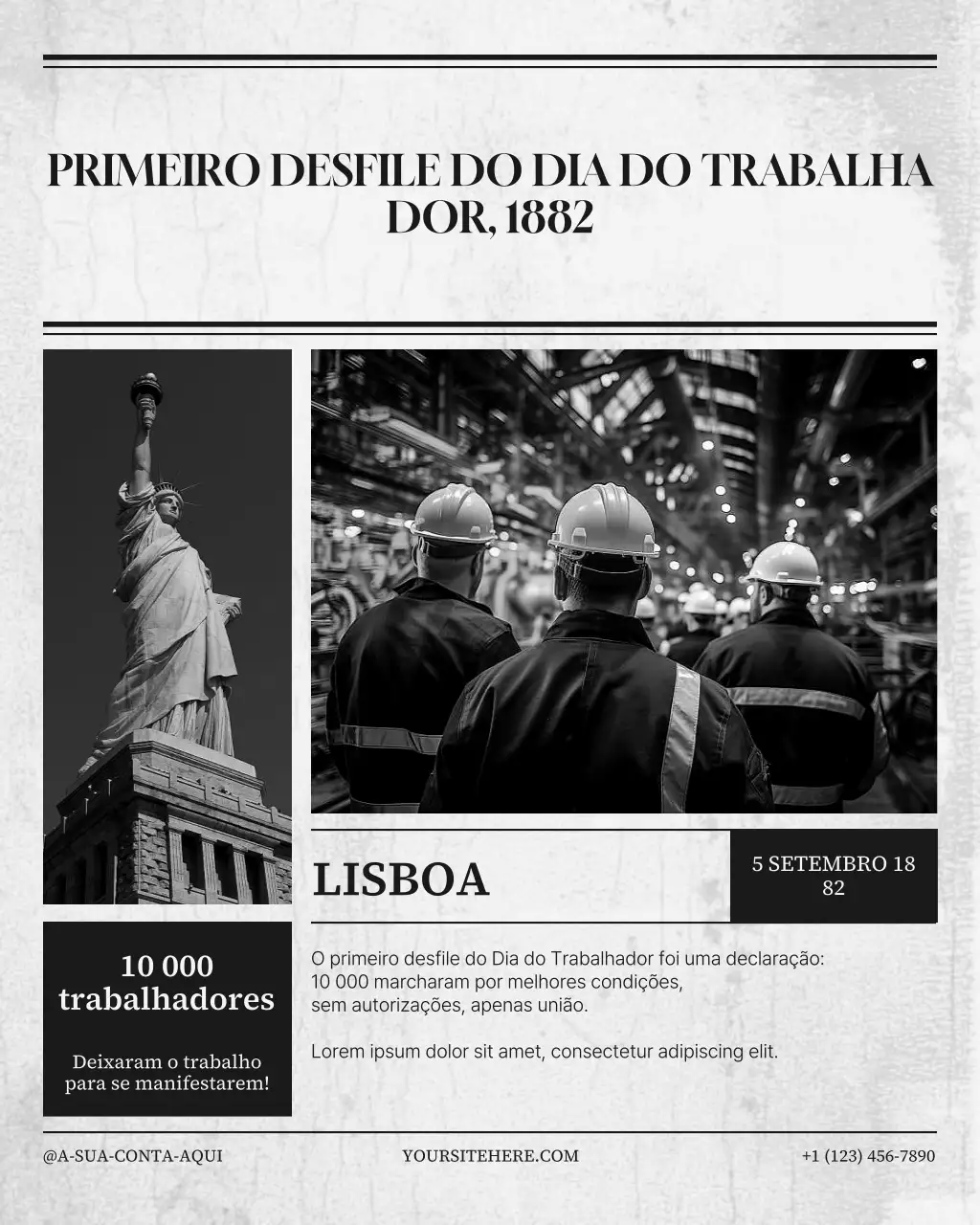 Postagem do Instagram sobre história do Dia do Trabalho em preto e vintage