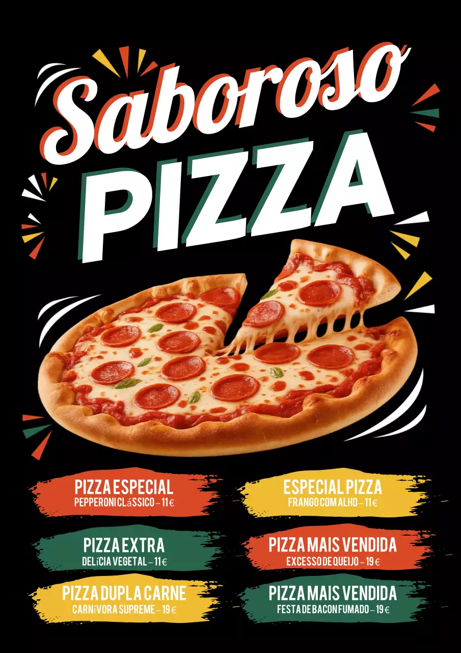 Cartaz promocional de pizza retrô preto