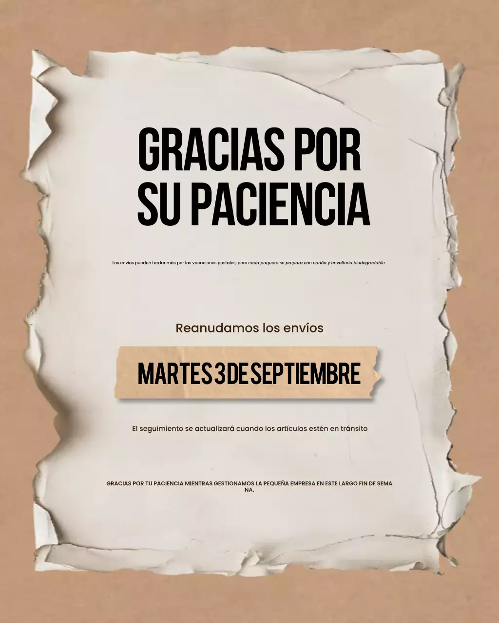 Publicación de Instagram con anuncio de envío rústico beige