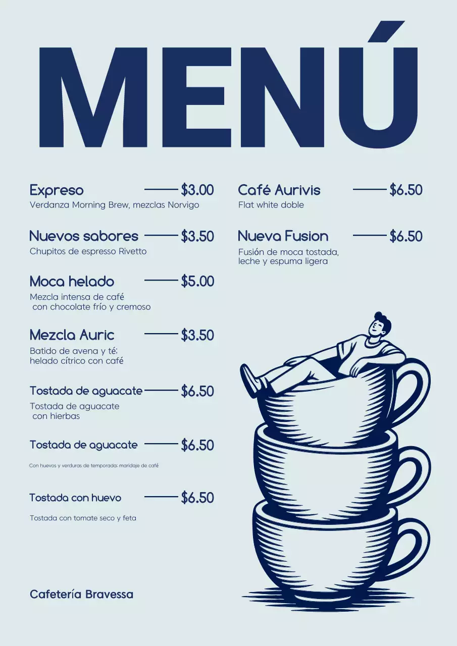 Póster del menú de cafetería moderna azul