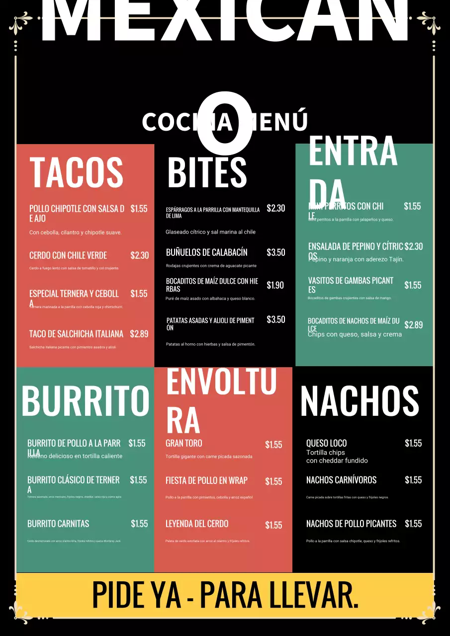 Cartel publicitario vintage de menú mexicano en color rojo