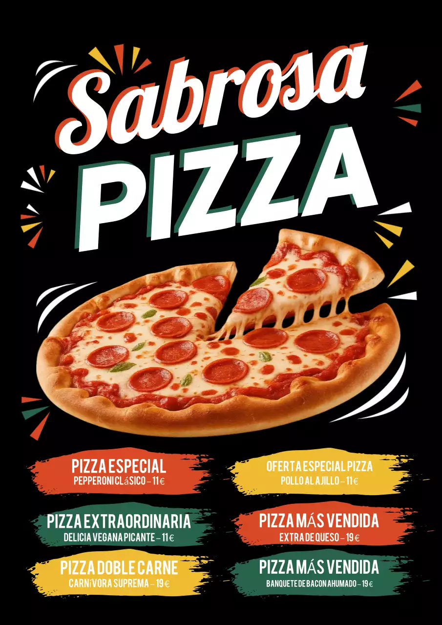 Póster promocional de pizza retro negra
