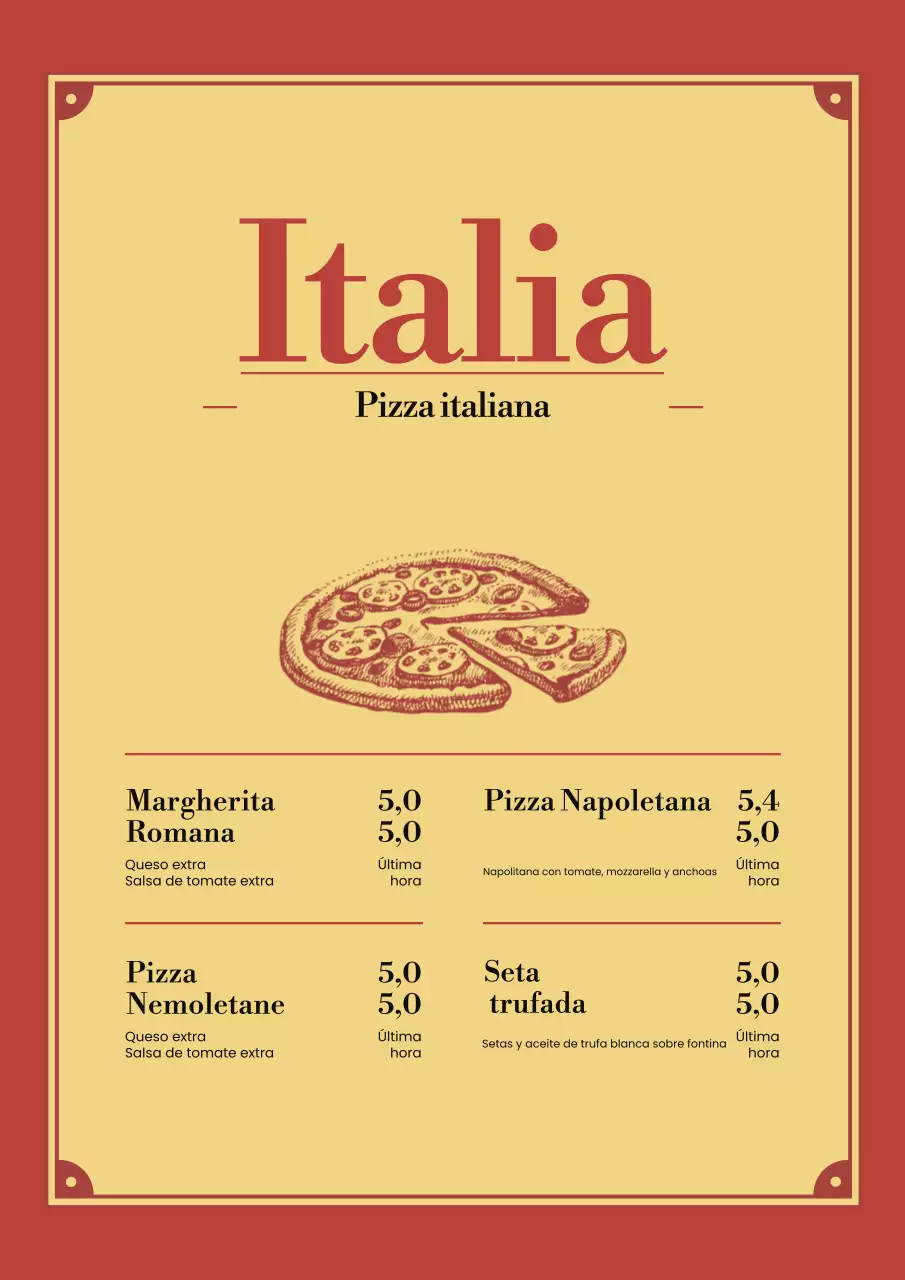 Póster del menú de pizza clásica roja