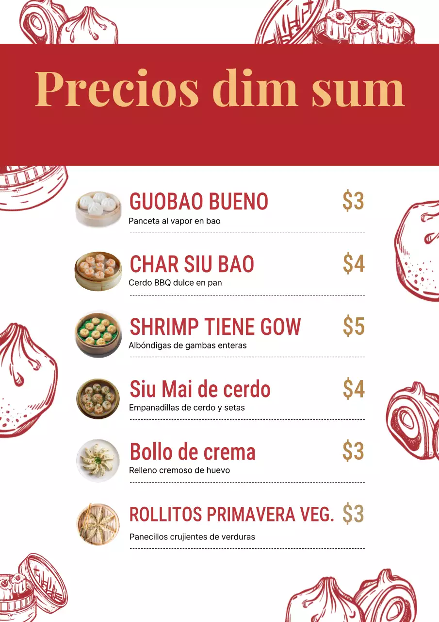 Póster del menú de dim sum tradicional rojo
