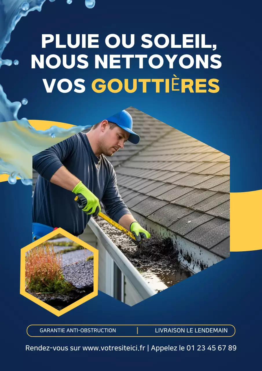 Affiche publicitaire moderne bleue pour le nettoyage des gouttières