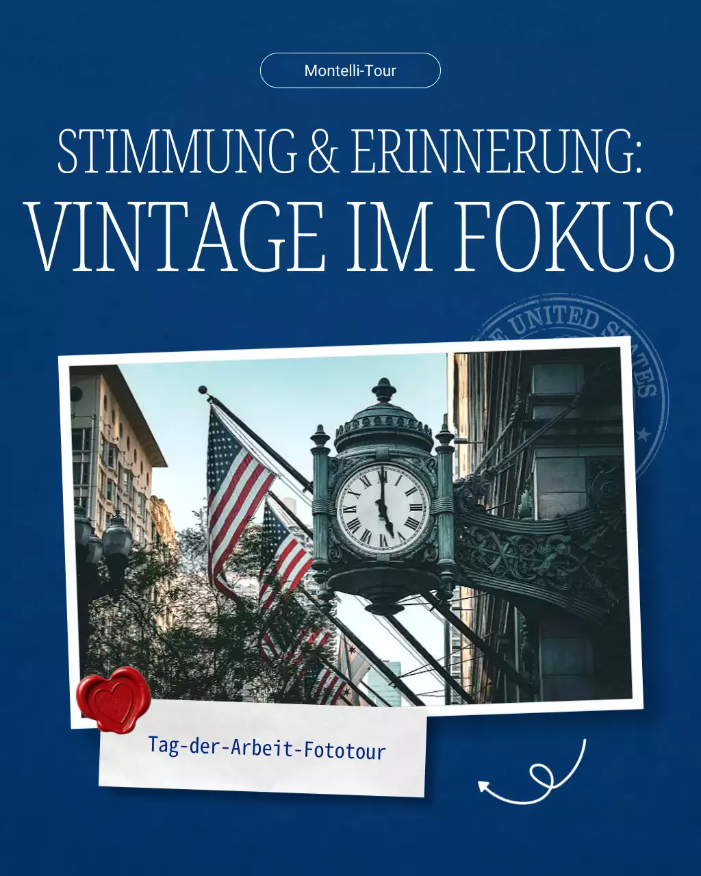 Blau-weißer Vintage-Minimalist-Fototour zum Labor Day auf Instagram mit Karussell-Post