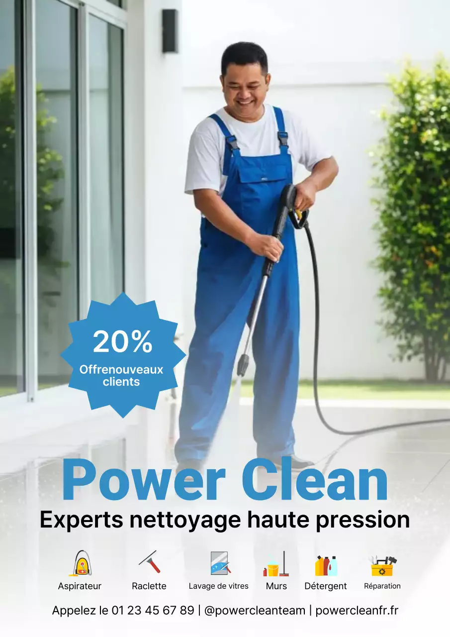 Affiche promotionnelle de nettoyage professionnel bleu