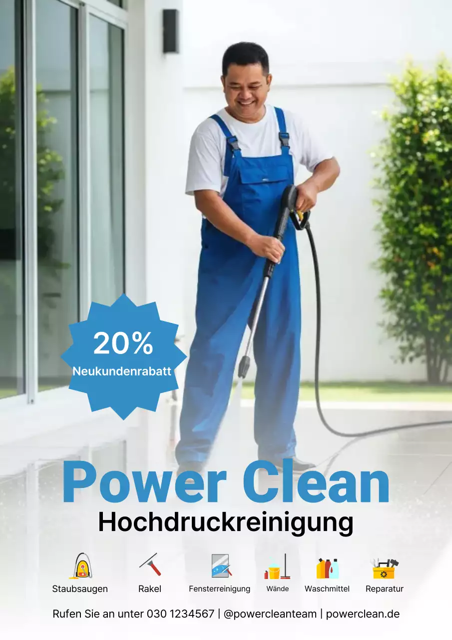 Blaues Werbeplakat für professionelle Reinigung