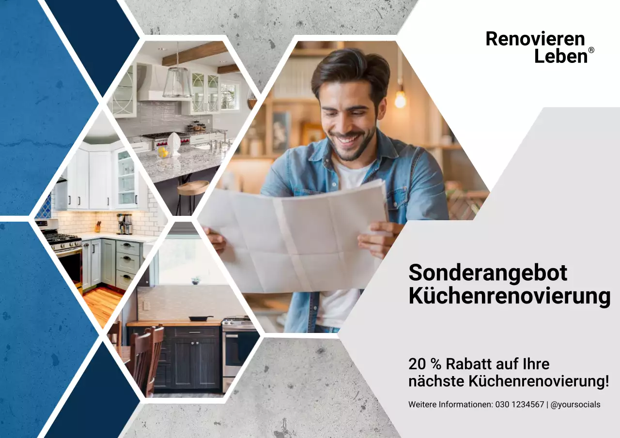 Blaues Werbeplakat für moderne Küchen