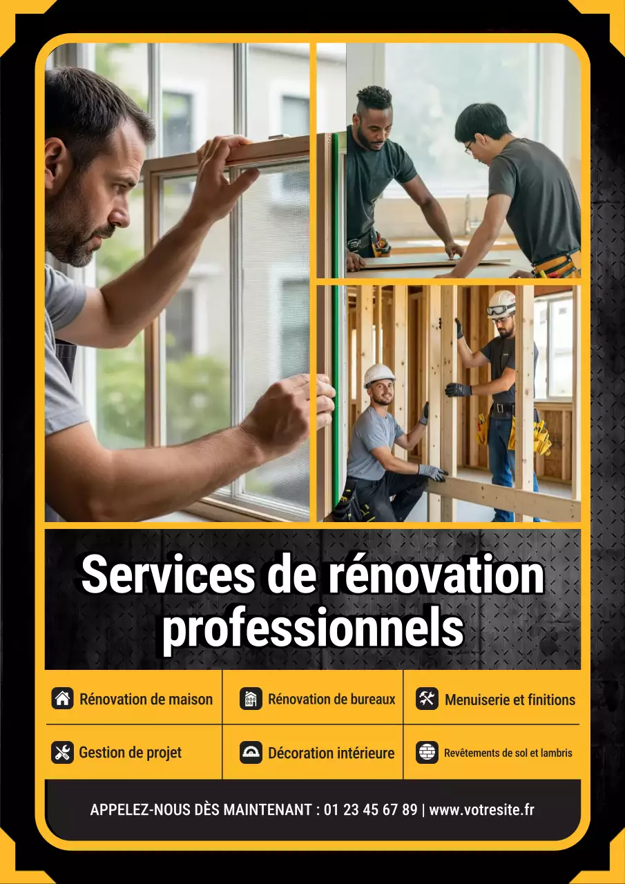 Affiche publicitaire jaune pour rénovation professionnelle