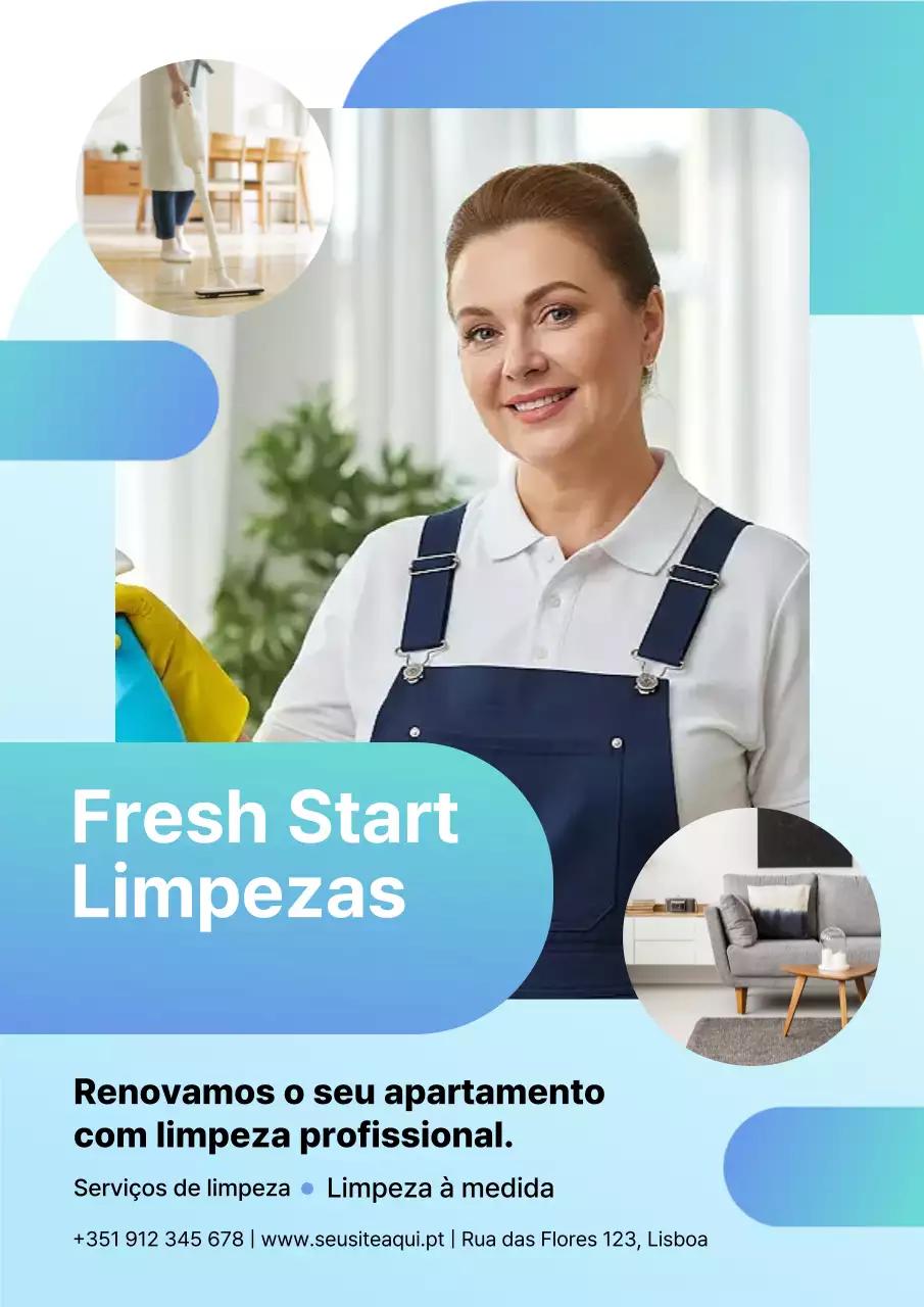 Cartaz de anúncio de limpeza profissional azul